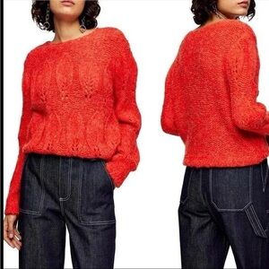TopShop Petal Pointelle Red Crewneck Sweater. NWT. Medium. Red w/ White Threads.